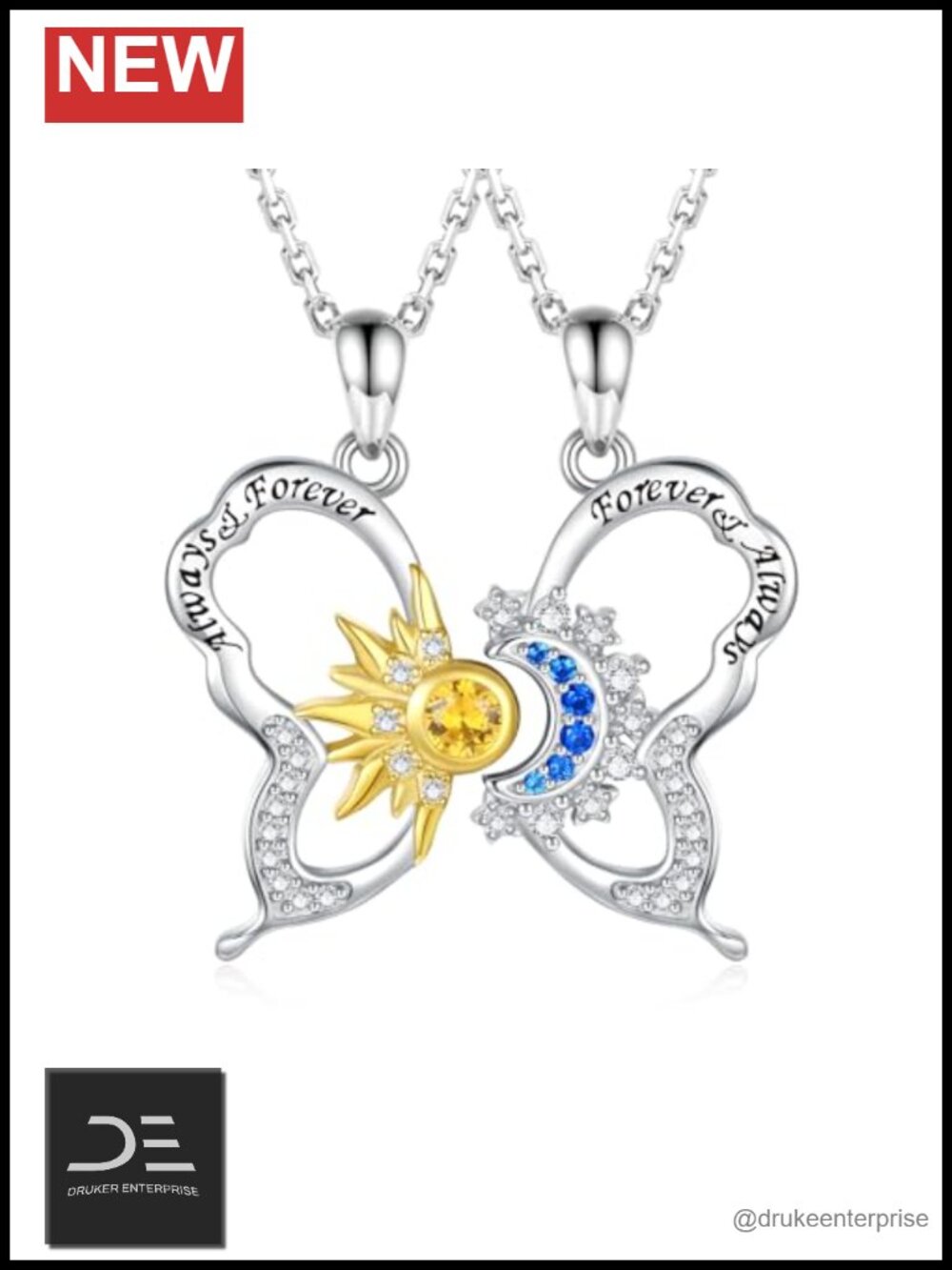 Sun Moon Matching Necklace Set Sterling Silver Butterfly Pendant 2 Chains Women